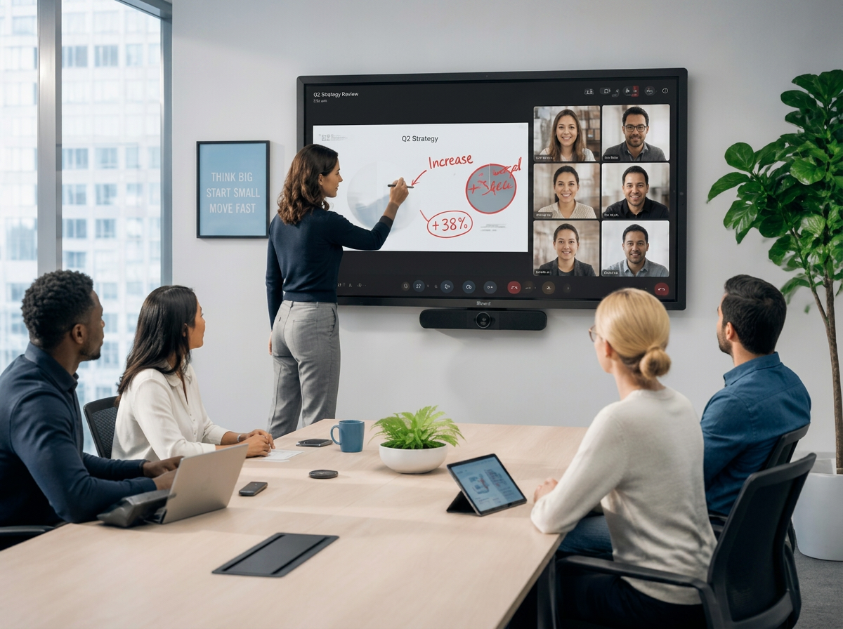 Hybrid team meeting around an iBoard display in a US conference room