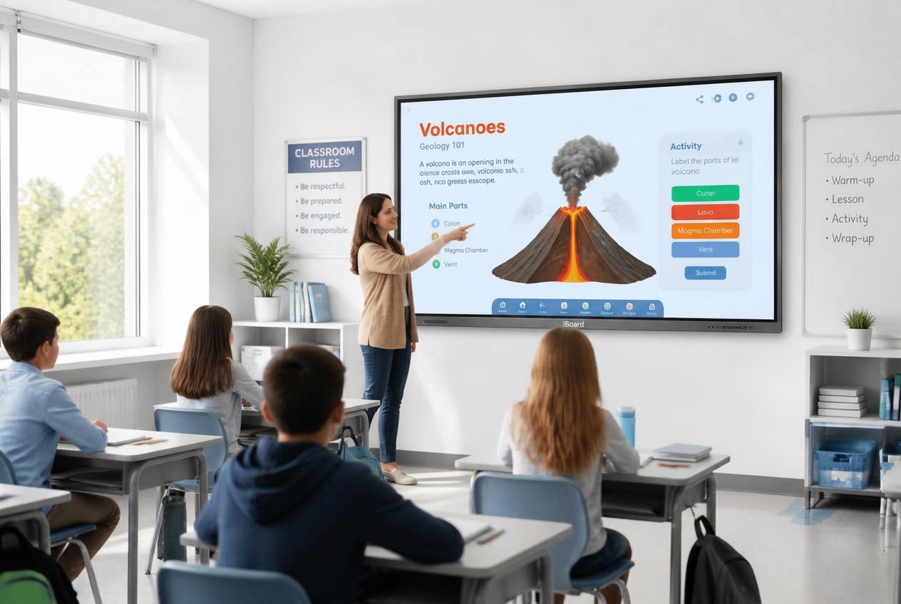Teacher using an iBoard interactive display in a classroom